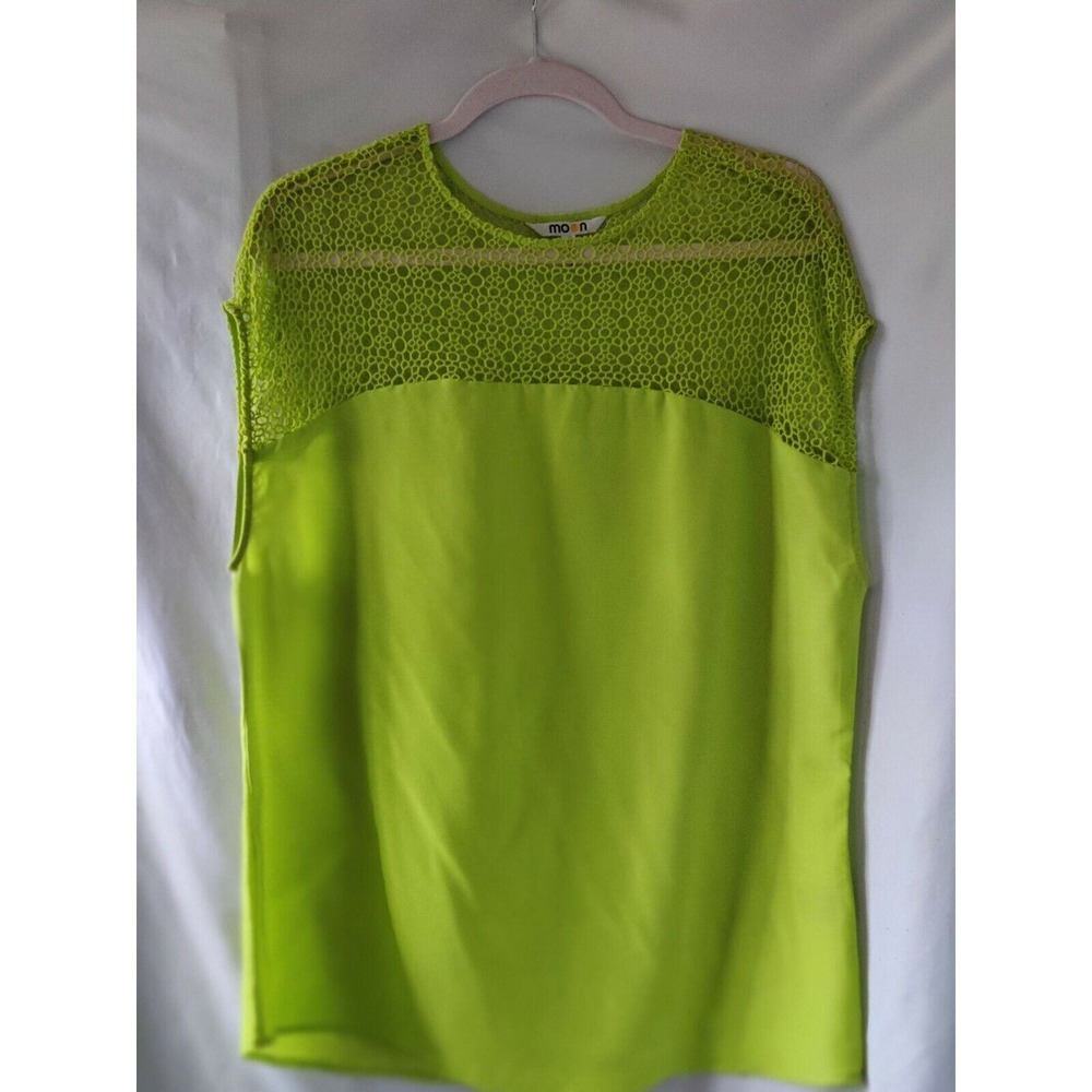 Moon Lime Green Crochet Lace Yoke Sleeveless Blouse Top Size M‎ B5102